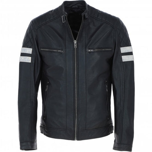 Men's Motorcycle Leather Jacket  Quilted Shoulders, Full Zip | Black & Blue