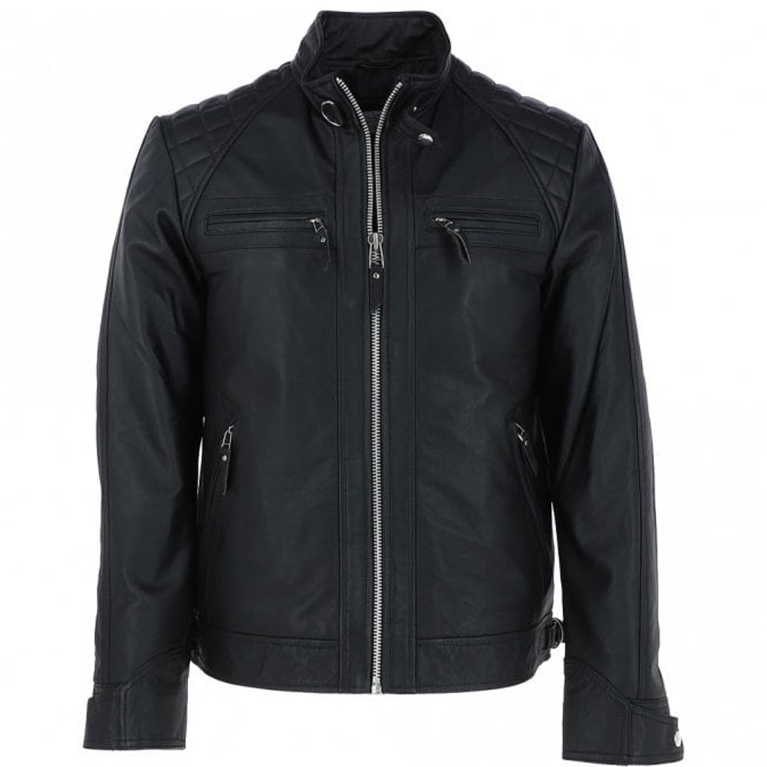 Men's Motorcycle Leather Jacket, Multiple Zippered Pockets | Black