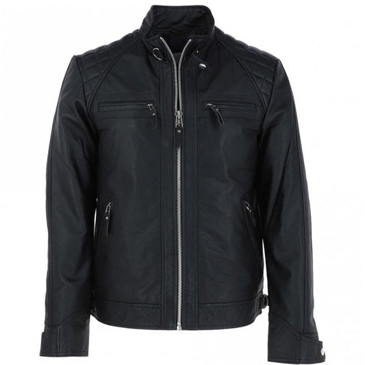 Men's Motorcycle Leather Jacket, Multiple Zippered Pockets | Black
