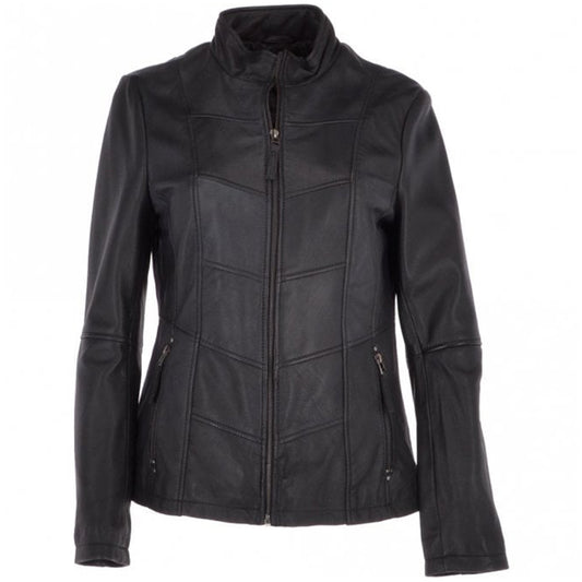 Women's Biker Style Leather Jacket With Zip Front & Stand Collar | Black