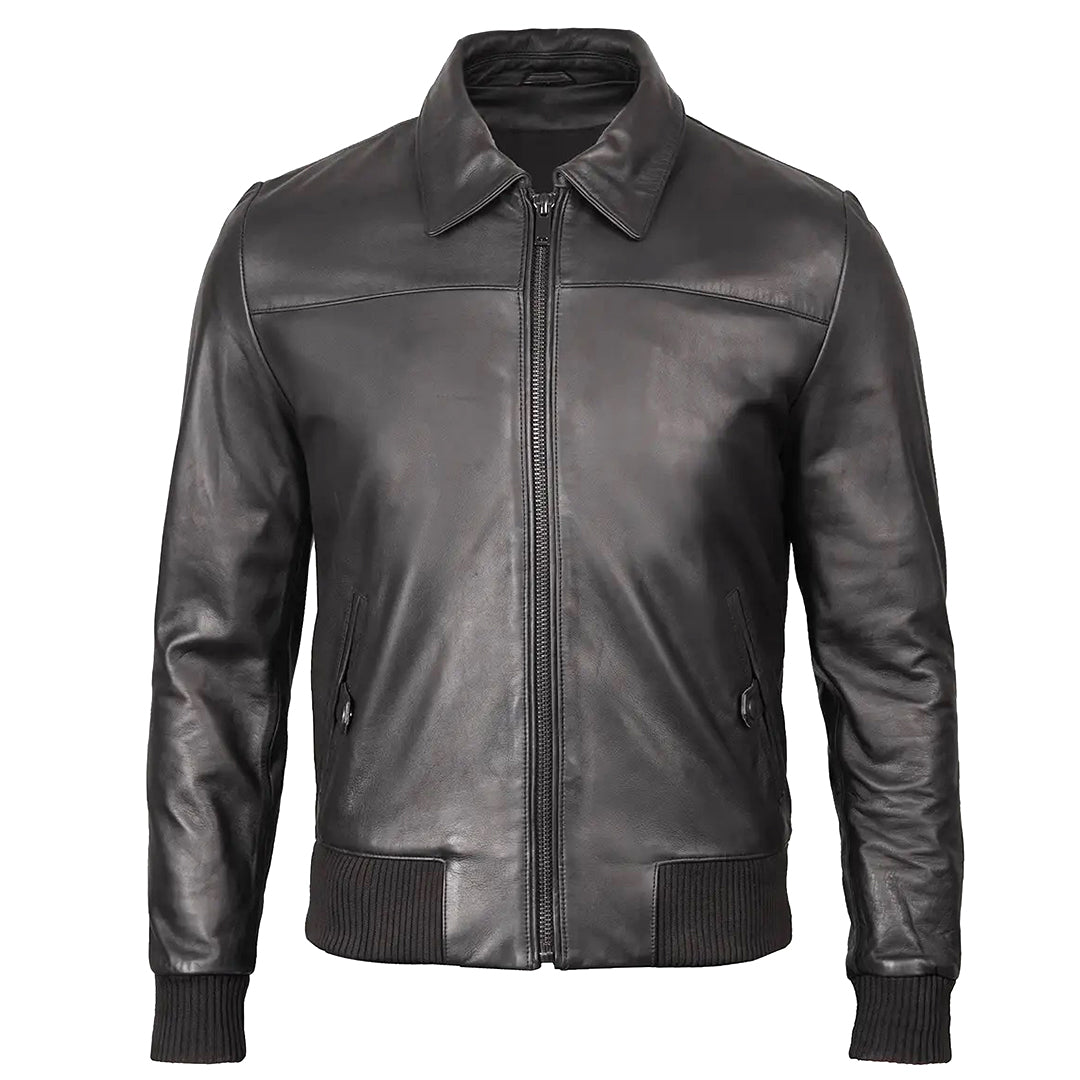 Men's Bomber Leather Jacket  Ribbed Collar & Cuff | Black