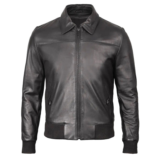 Men's Bomber Leather Jacket  Ribbed Collar & Cuff | Black