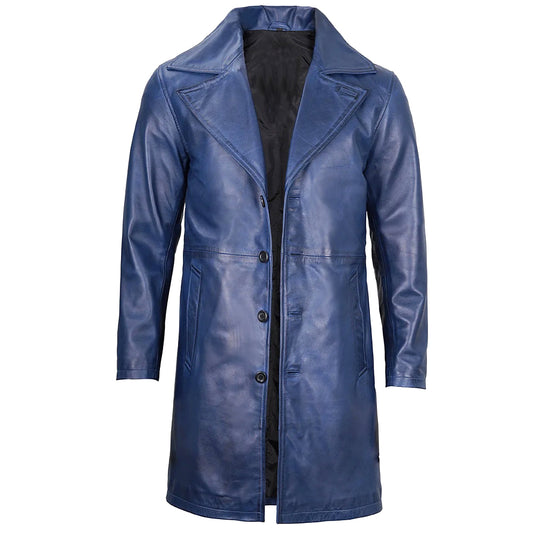 Men's  3/4 Length Trench Leather Coat | Navy Blue