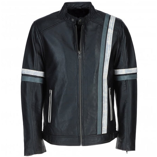 Men's Motorcycle Leather Jacket Gray & White Stripes | Blue & Black