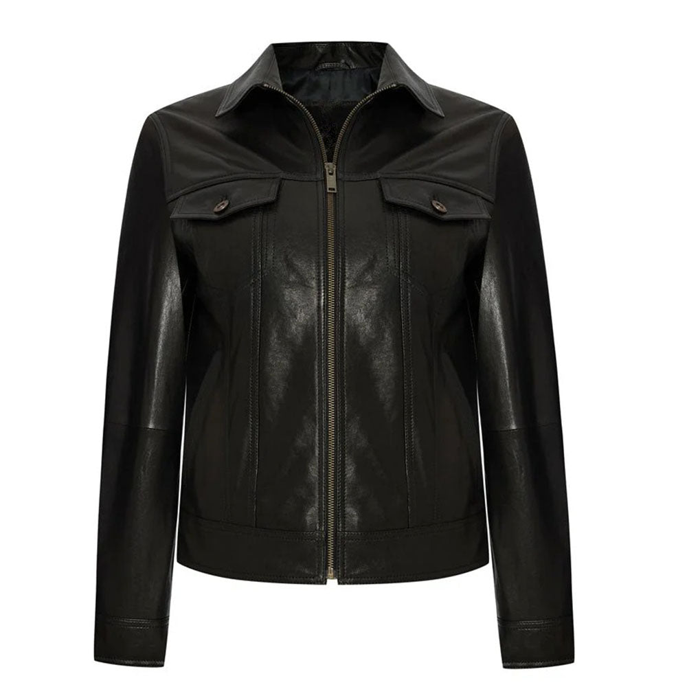 Women's Leather Trucker Jacket, Lambskin, Zip Front | Black