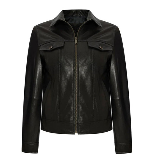 Women's Leather Trucker Jacket, Lambskin, Zip Front | Black