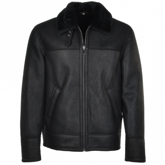 Men's Sheepskin Genuine Leather Jacket with Fur Collar | Black
