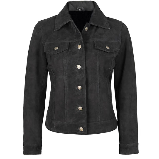 Women's Suede Trucker Leather Jacket | Black