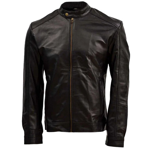 Men's Sheep Leather Moto Jacket with Stand Collar, Zip Closure | Black