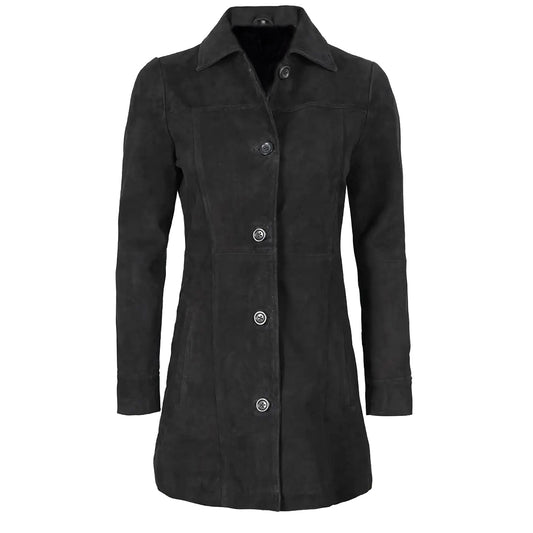 Women's Suede Leather Trench Coat Front Button | Black