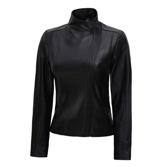 Womens Café Racer High Neck Fitted Leather Jacket | Black