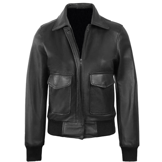 Women's Classic Leather Shirt Collar Bomber Jacket, Zip Front, Ribbed Trim | Black