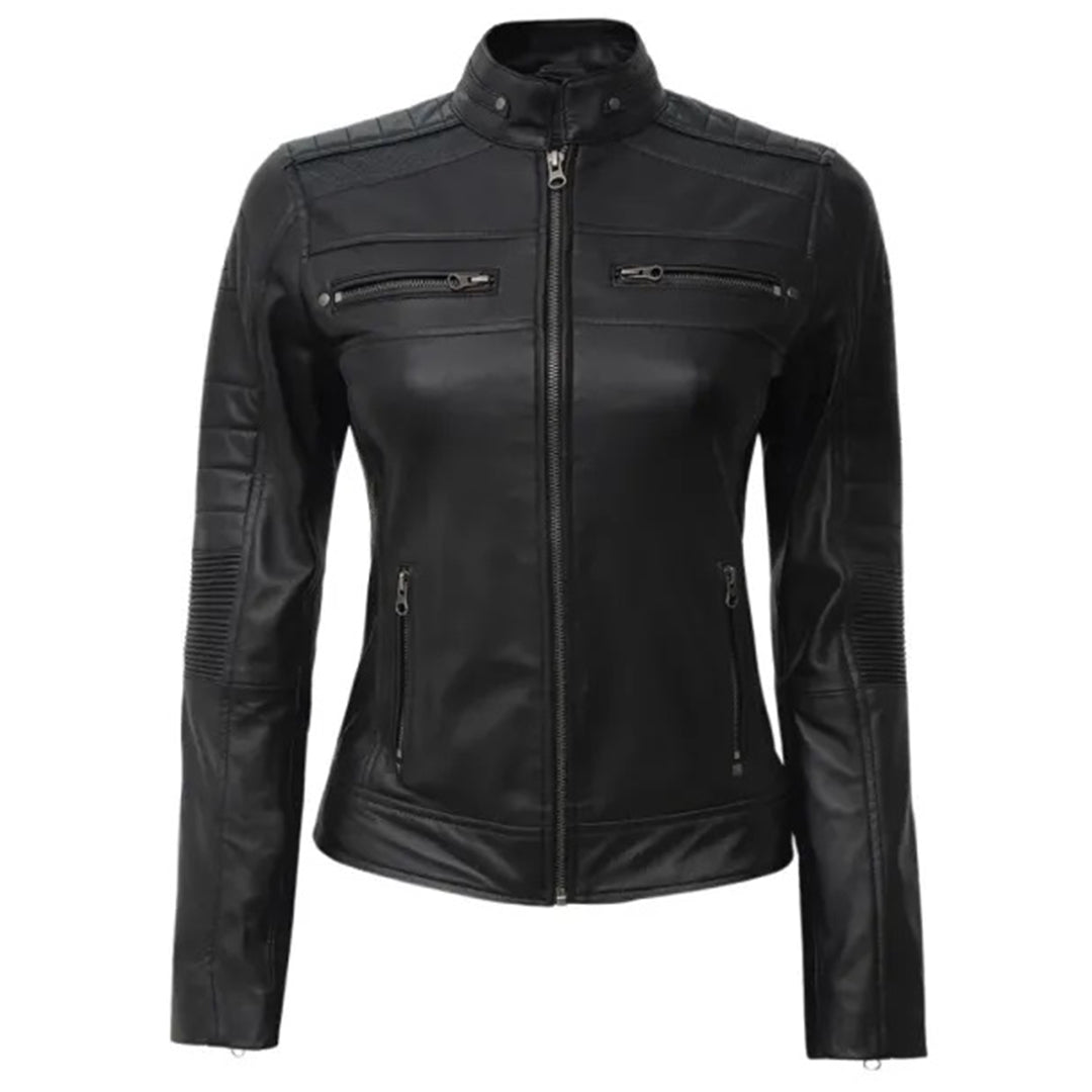 Women's Leather Cafe Racer Biker Jacket with Stand Collar, Padded Shoulders & Sleeves | Black