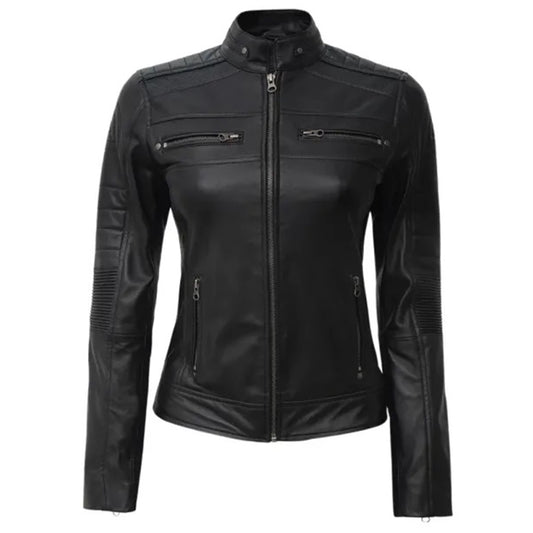Women's Leather Cafe Racer Biker Jacket with Stand Collar, Padded Shoulders & Sleeves | Black