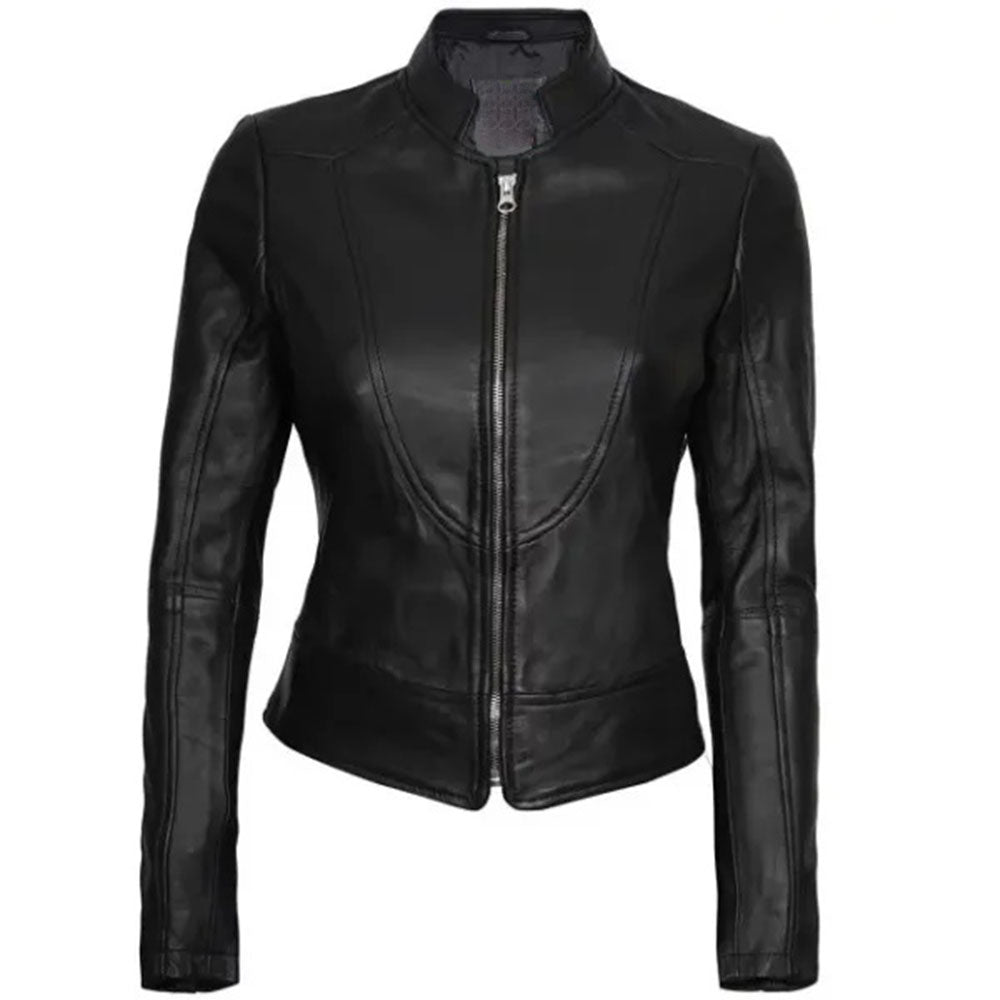 Women's Cafe Racer Motorcycle Leather Jacket, Stand Collar, Front Zipper | Black