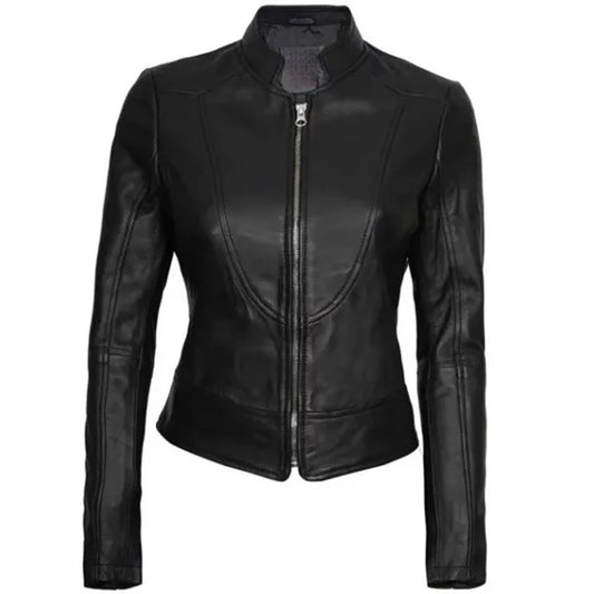 Women's Cafe Racer Motorcycle Leather Jacket, Stand Collar, Front Zipper | Black