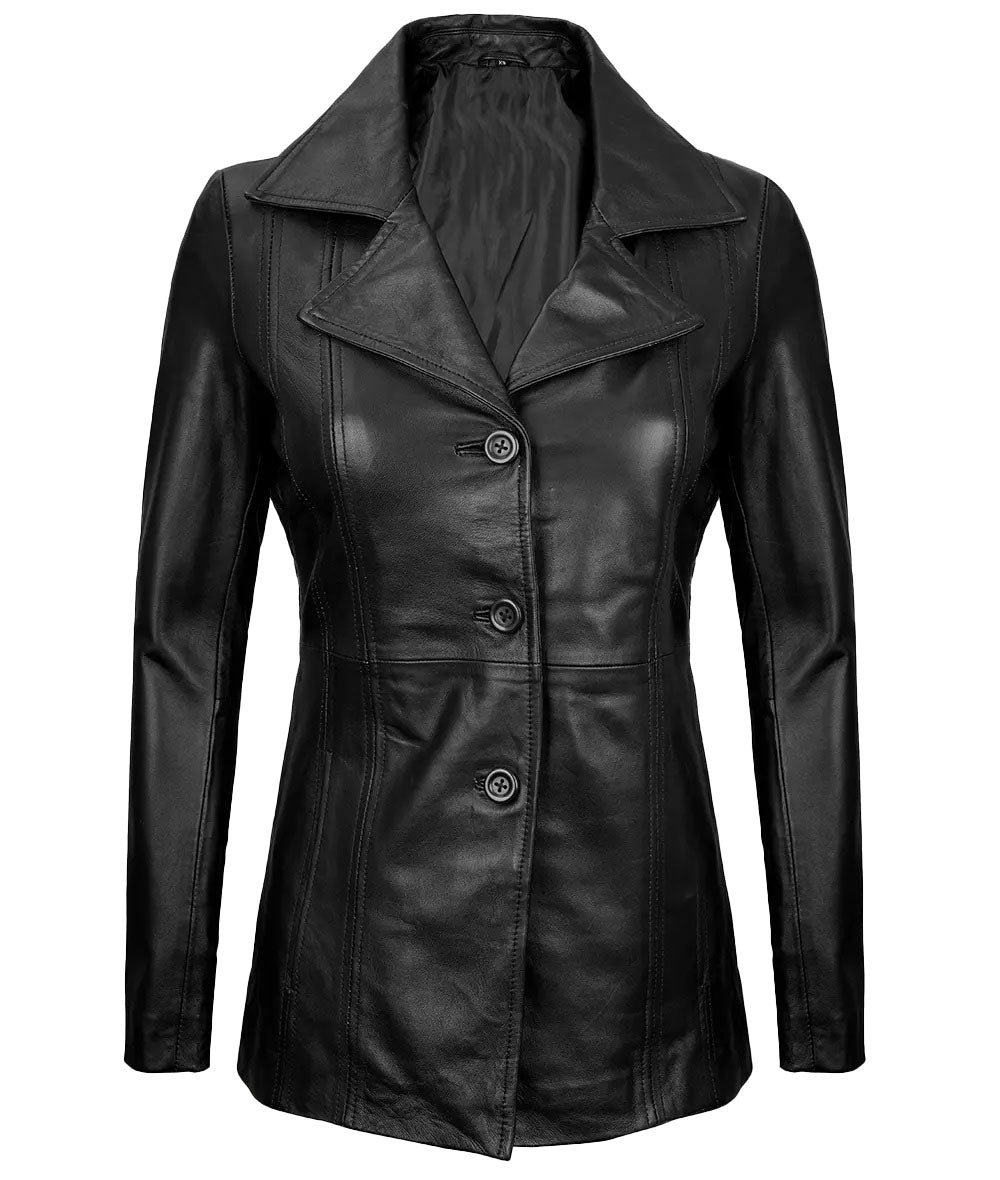 Women's 3/4 Length Genuine Leather Coat | Black