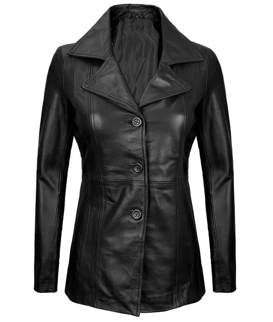 Women's 3/4 Length Genuine Leather Coat | Black