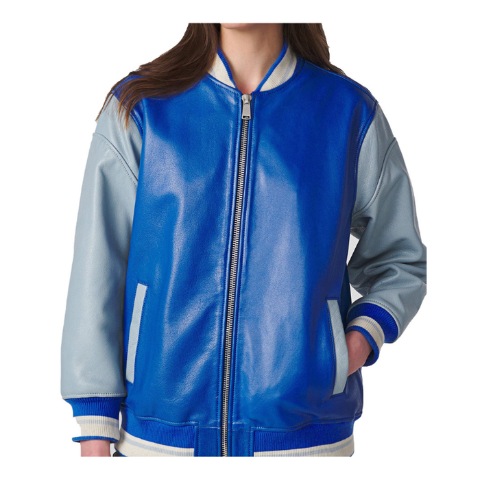 Women's Varsity Leather Suede Bomber Jacket | Blue The Stitch Fit