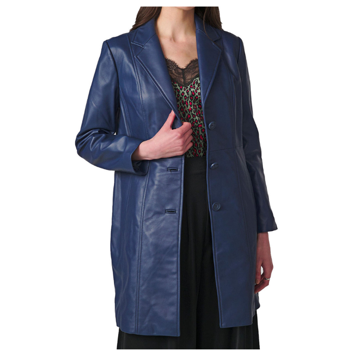 Women's Real Long Leather Trench Coat | Blue The Stitch Fit