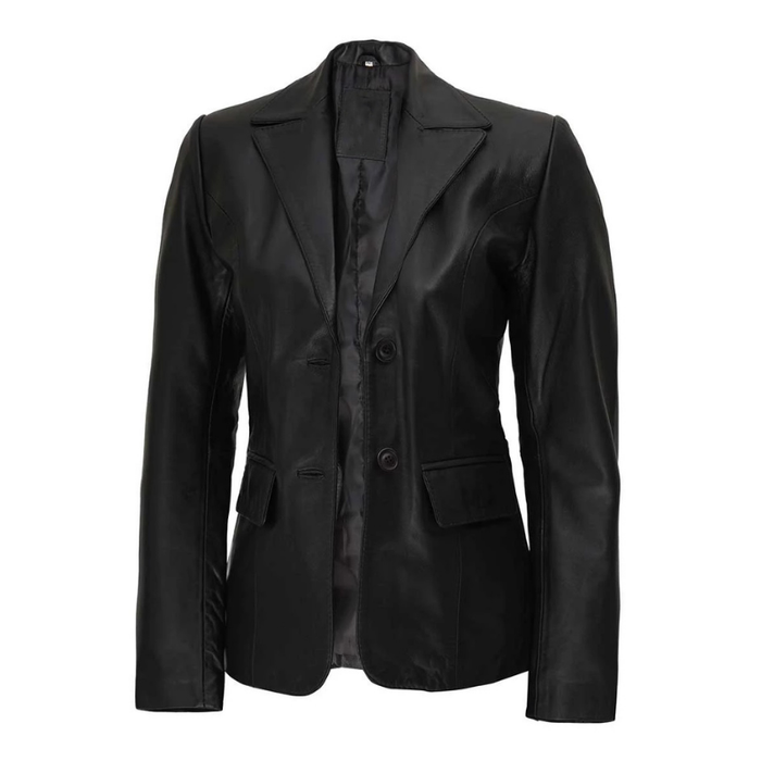 Women's Two Button Black Lambskin Leather Blazer Jacket | Black The Stitch Fit