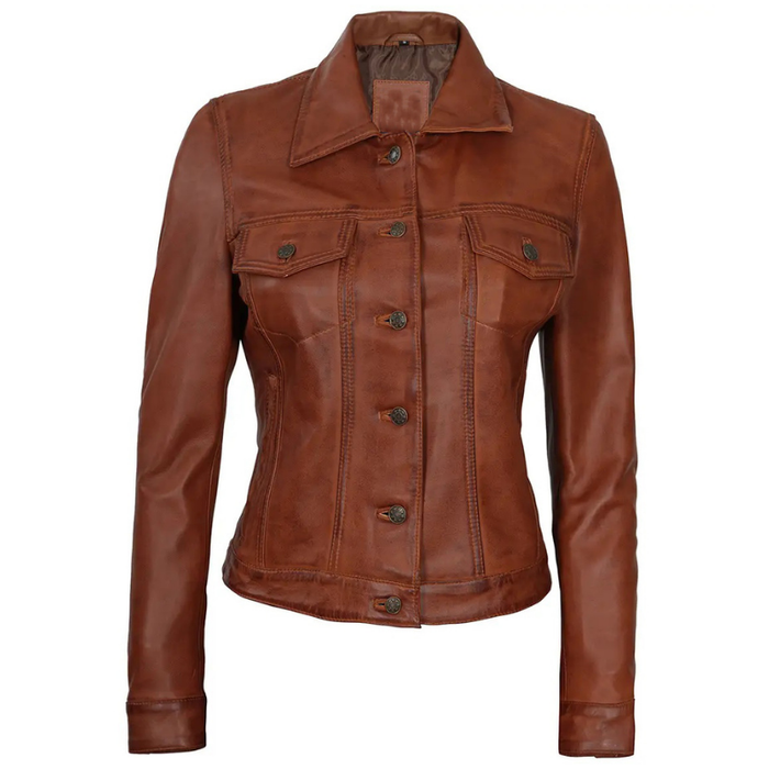 Women's Leather Harrington Moto Trucker Jacket | Brown The Stitch Fit