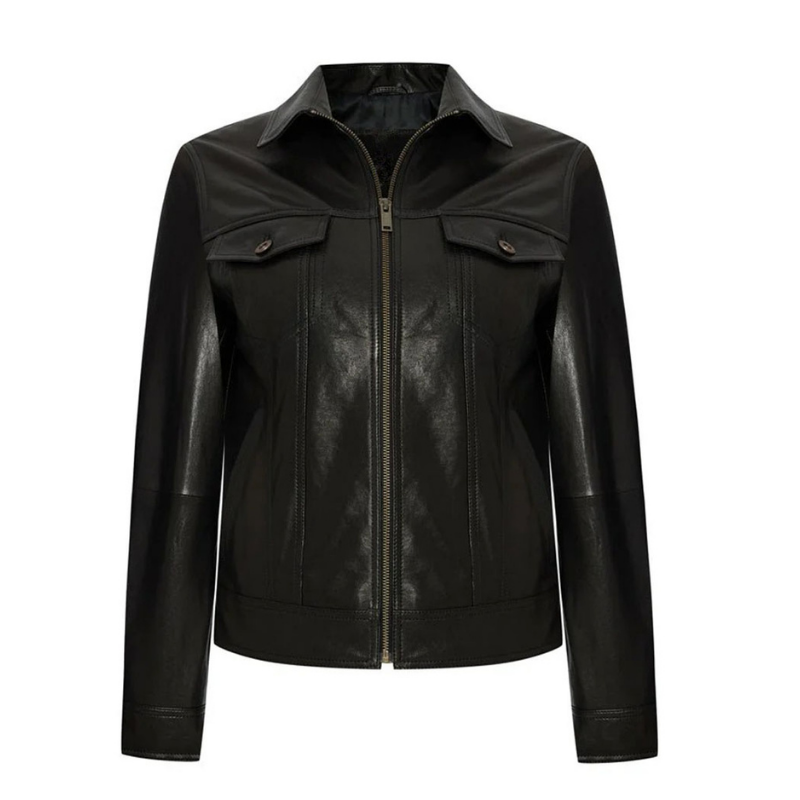 Women's Leather Trucker Jacket, Lambskin, Zip Front | Black