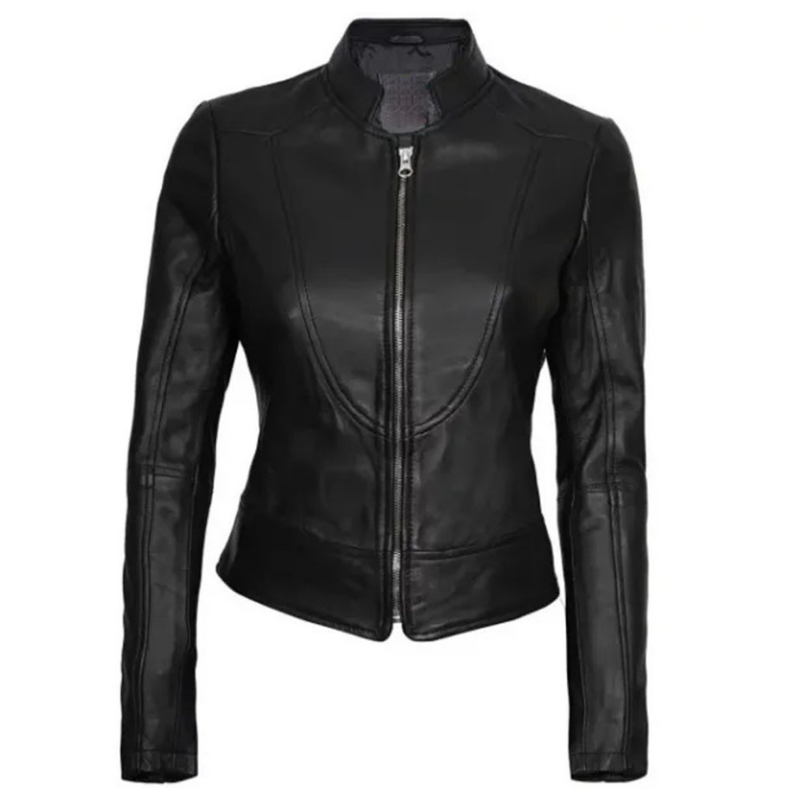 Women's Cafe Racer Motorcycle Leather Jacket, Stand Collar, Front Zipper | Black The Stitch Fit