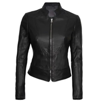 Women's Cafe Racer Motorcycle Leather Jacket, Stand Collar, Front Zipper | Black The Stitch Fit