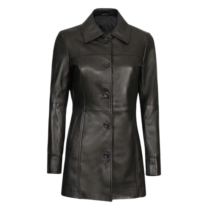 Women's Genuine Lambskin Leather Coat, 3/4 Length | Black The Stitch Fit