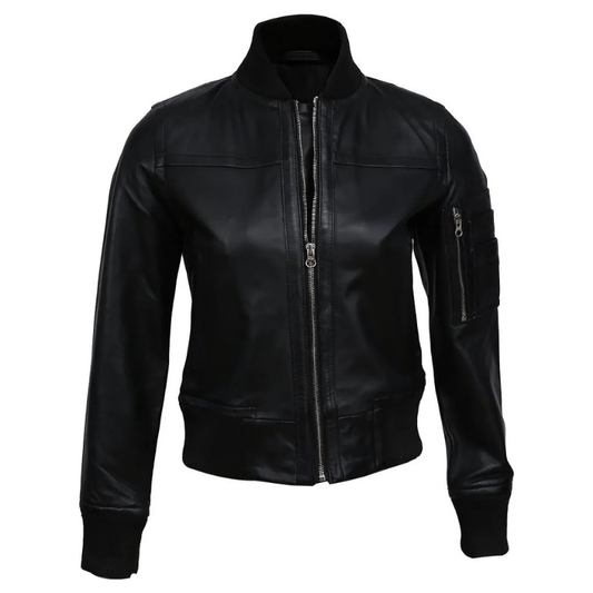 Women's Real Sheep Leather Motorcycle Bomber Jacket | Black