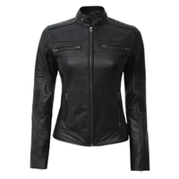 Women's Leather Cafe Racer Biker Jacket with Stand Collar, Padded Shoulders & Sleeves | Black The Stitch Fit