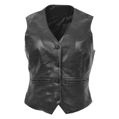 Women's Sheepskin Leather V Neck Vest, 4-Button Closure, Back Adjuster Strap | Black The Stitch Fit