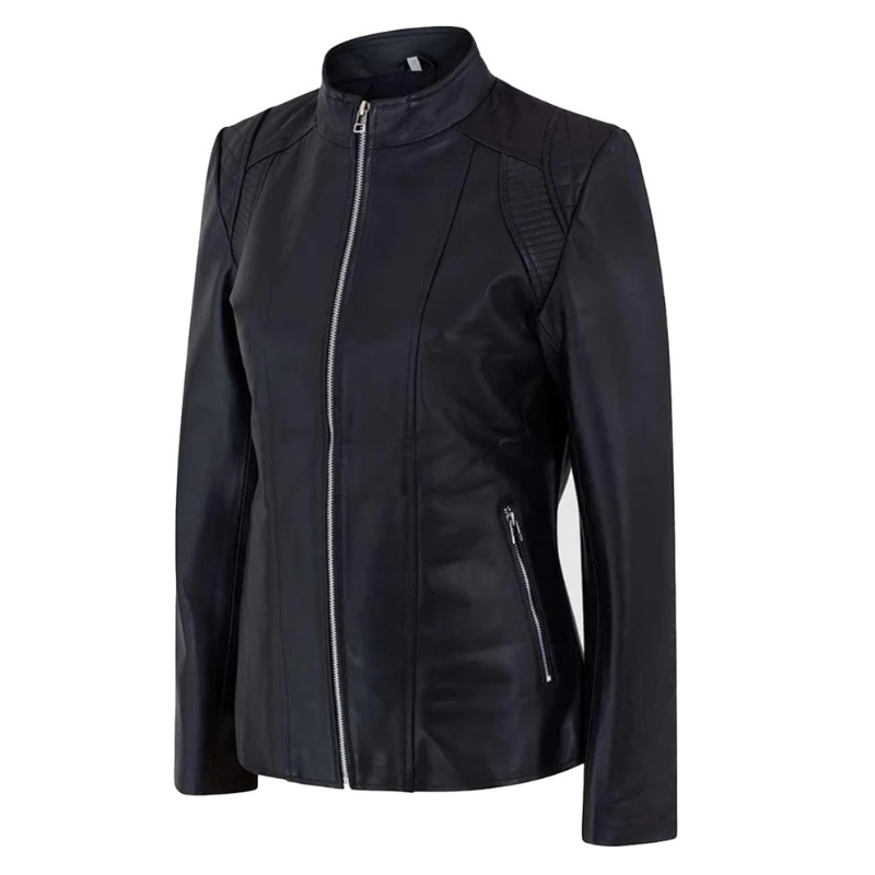 Women's Genuine Café Racer Sheepskin Motorcycle Leather Jacket, YKK Zipper | Black The Stitch Fit