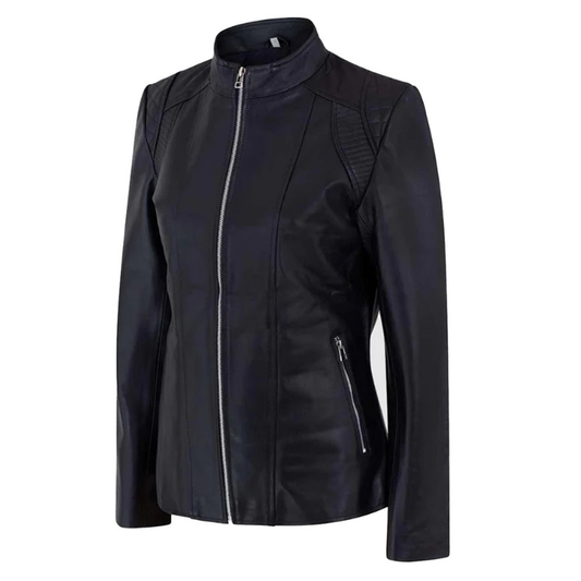 Women's Genuine Café Racer Sheepskin Motorcycle Leather Jacket, YKK Zipper | Black