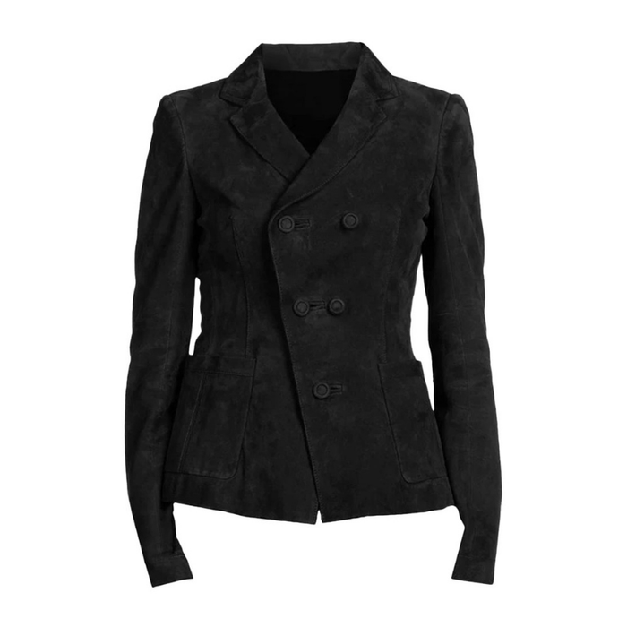 Women's Suede Leather Formal Business Double Breasted Jacket, Notched Lapel Collar | Black The Stitch Fit