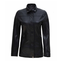 Women's 3/4 Length Button + Zipper Closure Leather Coat | Black The Stitch Fit