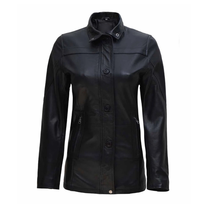 Women's 3/4 Length Button + Zipper Closure Leather Coat | Black The Stitch Fit
