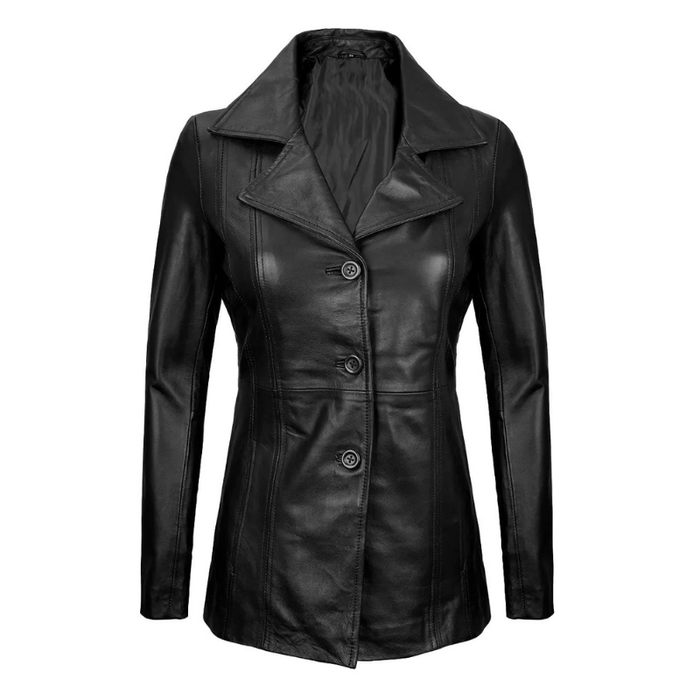Women's 3/4 Length Genuine Leather Coat | Black The Stitch Fit