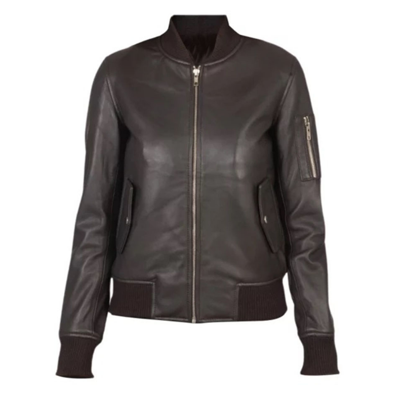 Women's Classy Bomber Biker Leather Jacket, Zip Front, Sleeve Pocket, YKK Zipper | Brown
