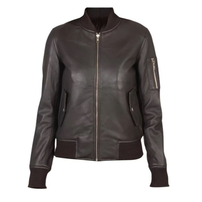 Women's Classy Bomber Biker Leather Jacket, Zip Front, Sleeve Pocket, YKK Zipper | Brown The Stitch Fit