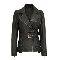 Women's Café Racer Leather Jacket, Belted Waist, Black, Asymmetrical Zip | Black The Stitch Fit