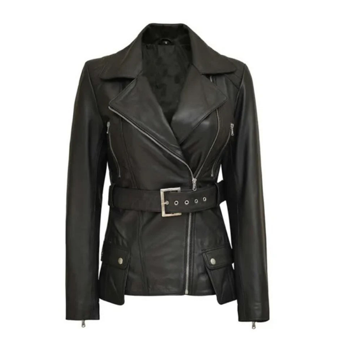Women's Café Racer Leather Jacket, Belted Waist, Black, Asymmetrical Zip | Black The Stitch Fit