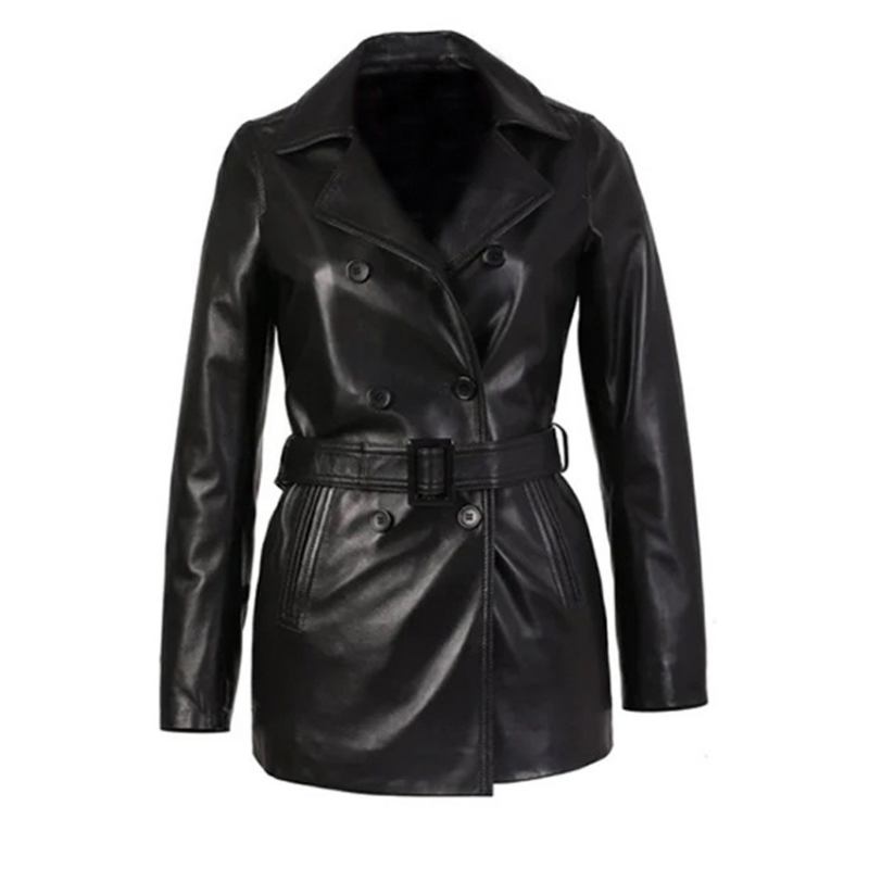 Women's Double-Breasted Leather Trench Coat, Belted Waist | Black The Stitch Fit