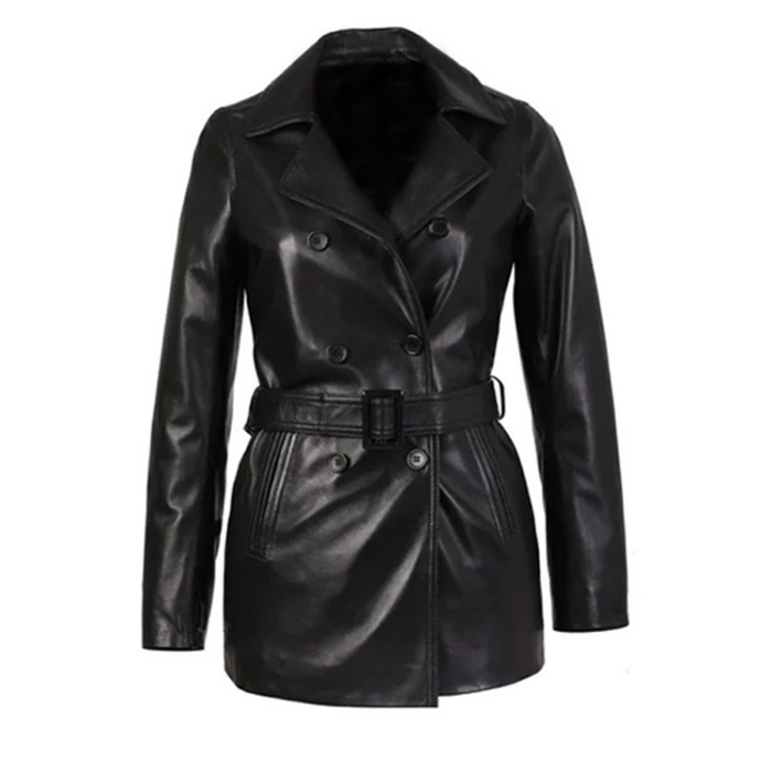 Women's Double-Breasted Leather Trench Coat, Belted Waist | Black The Stitch Fit