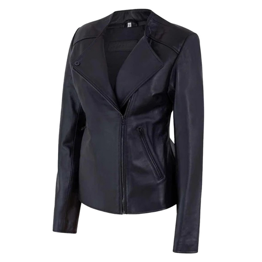 Women's Motorcycle Jacket Zip Front with Lapel Collar | Black