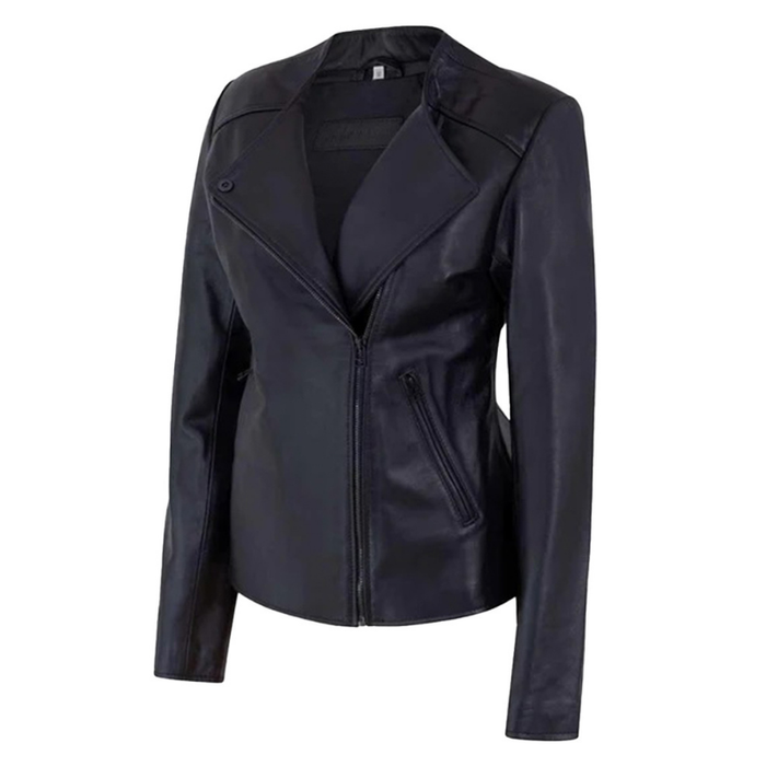 Women's Motorcycle Jacket Zip Front with Lapel Collar | Black The Stitch Fit