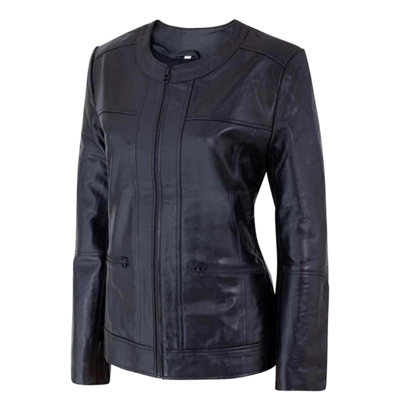 Women's Café Racer Zip-Front Leather Jacket, Collarless Design | Black The Stitch Fit