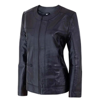 Women's Café Racer Zip-Front Leather Jacket, Collarless Design | Black The Stitch Fit