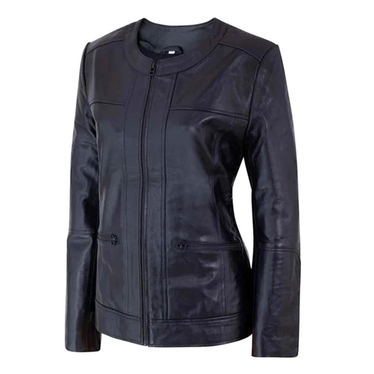 Women's Café Racer Zip-Front Leather Jacket, Collarless Design | Black